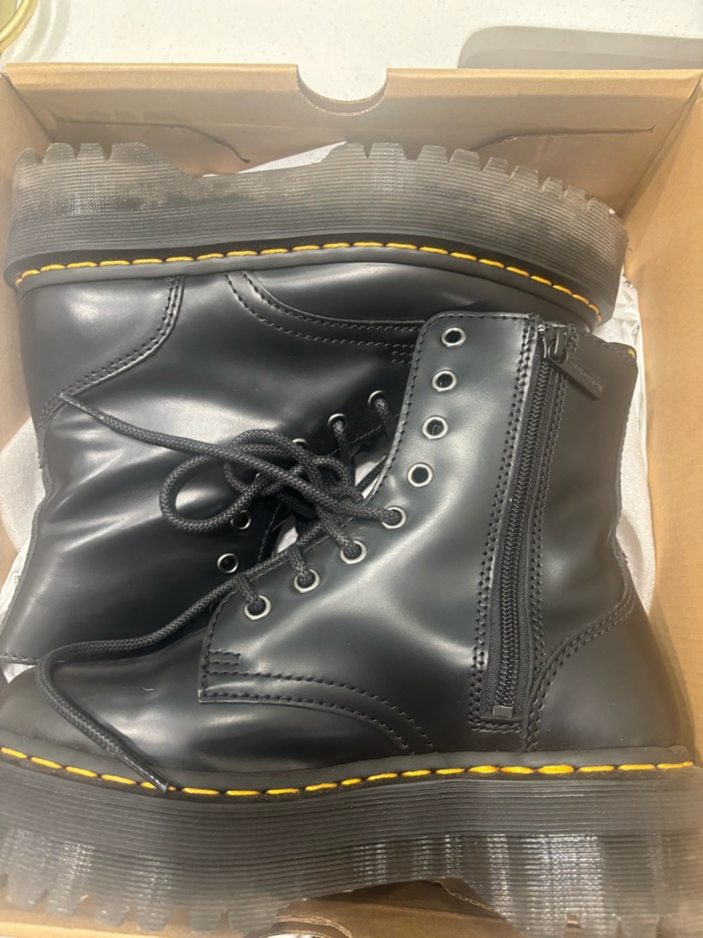 Dr. Martens Jadon Black Leather Zip Lace-Up Boots with Yellow Stitching